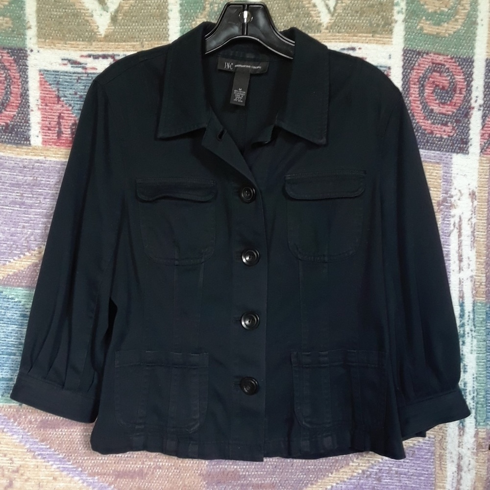 Dark Blue Button Front Cropped Blazer